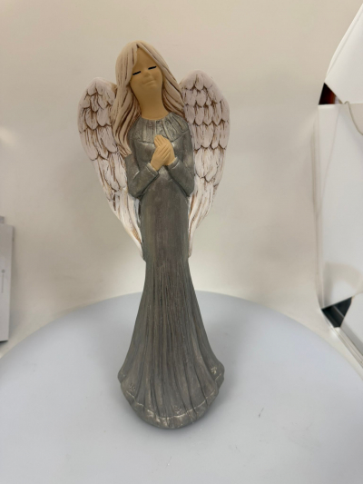 Dekoračný sádrový anjel, FIONA, perleť - sivá, 38x14 cm