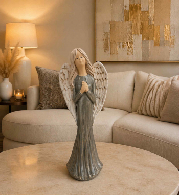 Dekoračný sádrový anjel, FIONA, perleť - sivá, 38x14 cm