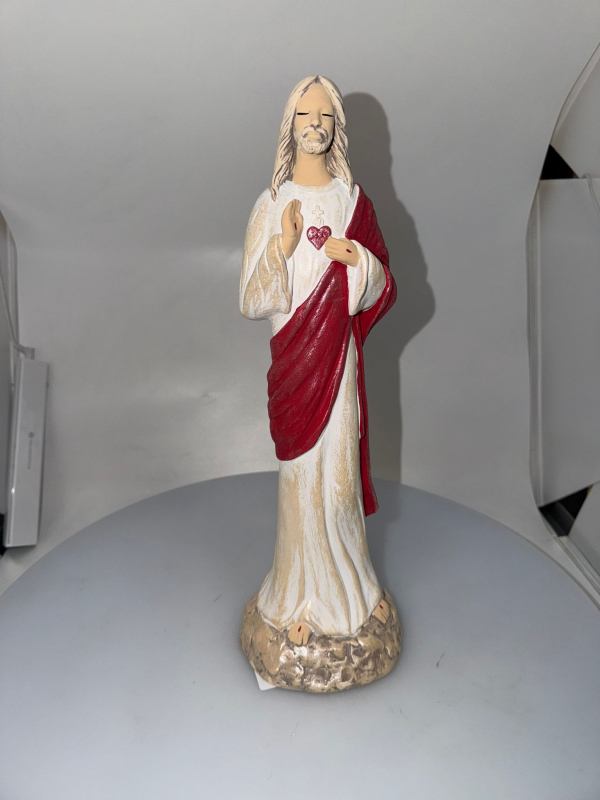 Dekoračný sádrový anjel, Ježiš so srdcom,bielo - červený, 38x12 cm