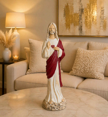 Dekoračný sádrový anjel, Ježiš so srdcom,bielo - červený, 38x12 cm