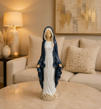 Dekoračný sádrový anjel, Mária nepoškvrnená, modrá perleť, 38x12 cm