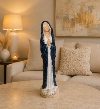 Dekoračný sádrový anjel, Mária ružencová, modrá perleť, 38x12 cm