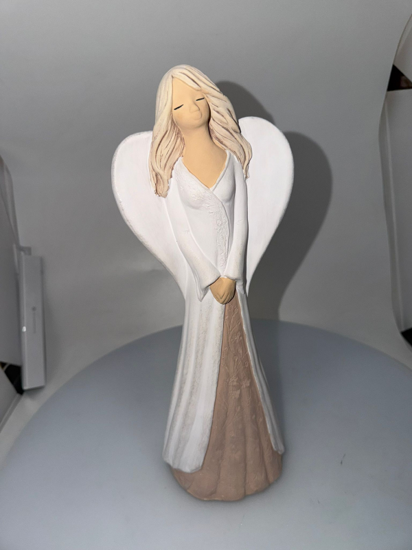 Dekoračný sádrový anjel, MAJA sukienka, biela-kapučínová, 36x13 cm