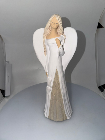 Dekoračný sádrový anjel, MAJA srdce, biela-olivová, 36x13 cm