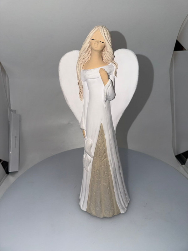 Dekoračný sádrový anjel, MAJA srdce, biela-olivová, 36x13 cm