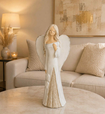 Dekoračný sádrový anjel, MAJA srdce, biela-olivová, 36x13 cm