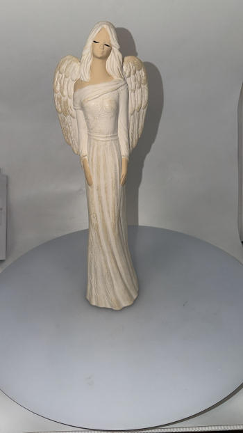 Sivý sadrový anjel PAULA, bielo-zlatý, 41x15 cm