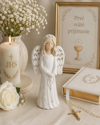 Sadrový anjel DOBRAVKA s ružencom, biely, 26x12 cm