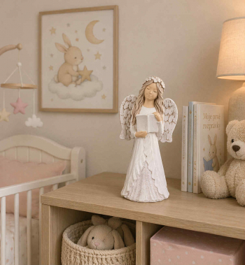 Sadrový anjel DOBRAVKA s knihou, biely, 26x12 cm