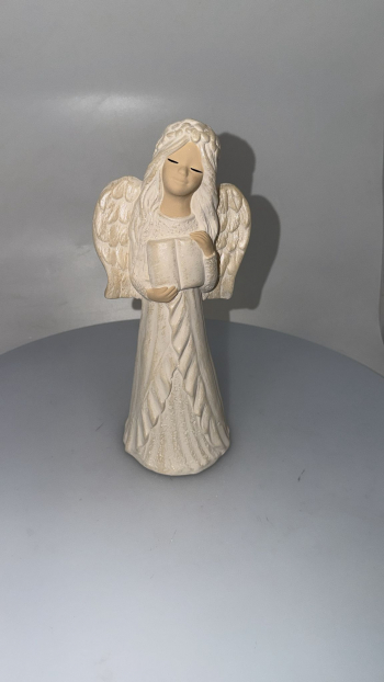 Sadrový anjel DOBRAVKA s knihou, bielo-zlatý, 26x12 cm