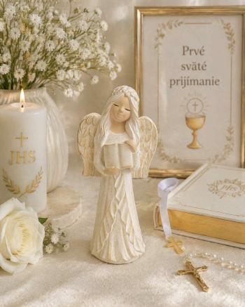 Sadrový anjel DOBRAVKA s knihou, bielo-zlatý, 26x12 cm