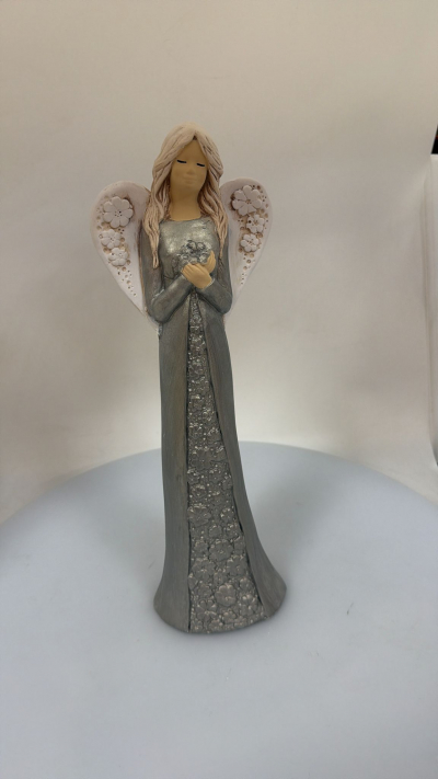 Dekoračný anjel sadrový IDA, sivá perleť, 38x12 cm