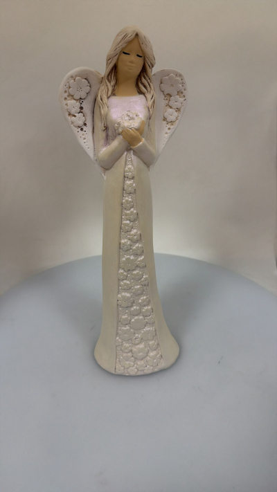 Dekoračný anjel sadrový IDA, biela perleť, 38x12 cm