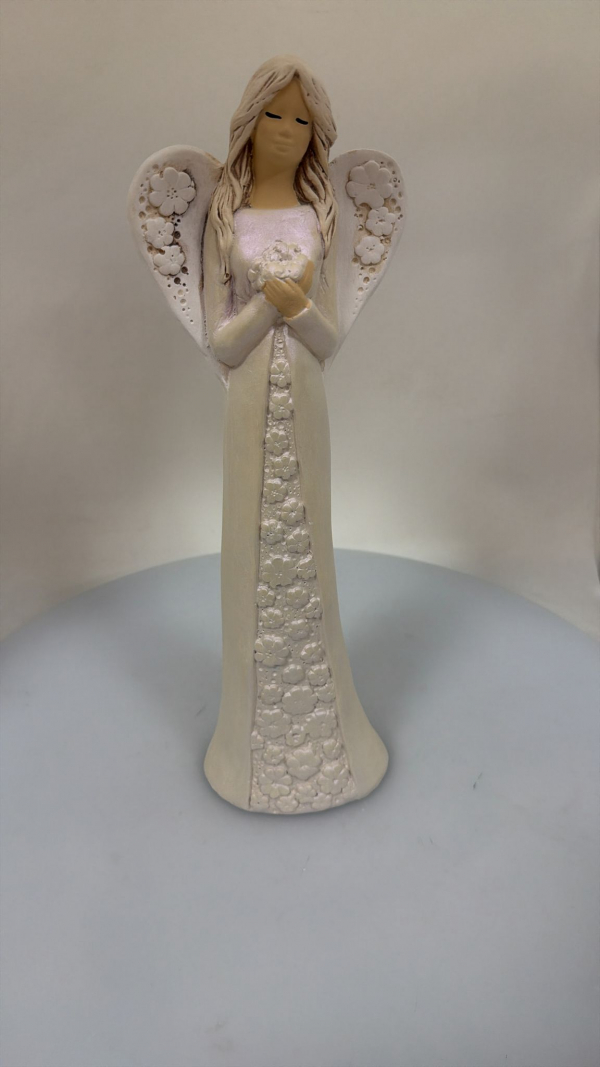 Dekoračný anjel sadrový IDA, biela perleť, 38x12 cm