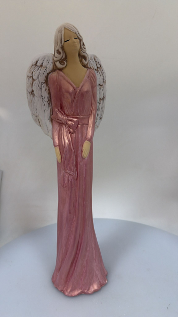 Dekoračný sádrový anjel KINGA, ružová perleť, 42x13 cm