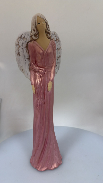 Dekoračný sádrový anjel KINGA, ružová perleť, 42x13 cm