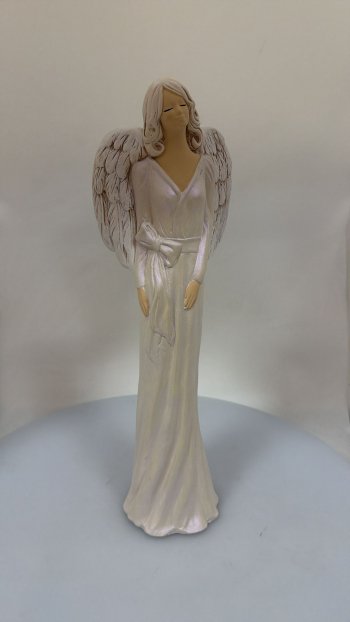 Dekoračný sádrový anjel KINGA, biela perleť, 42x13 cm
