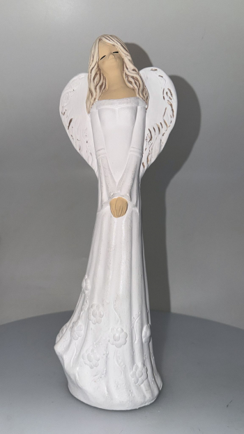 Dekoračný sádrový anjel ANIELKA, biely, 37x13 cm