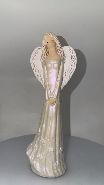 Dekoračný sádrový anjel ANIELKA, biela perleť, 37x13 cm