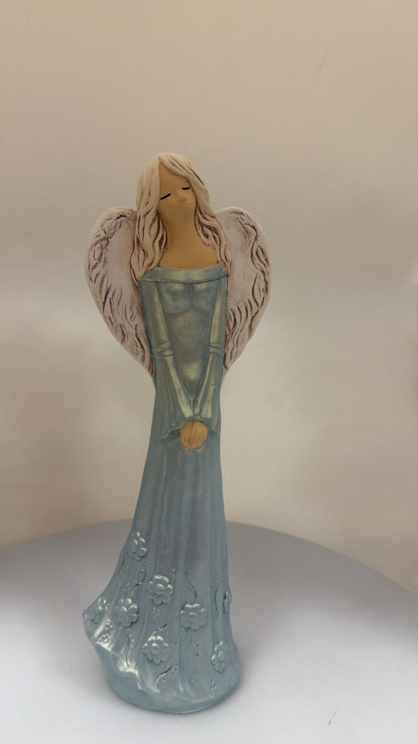 Dekoračný sádrový anjel ANIELKA, tyrkysovo-modrý, 37x13 cm