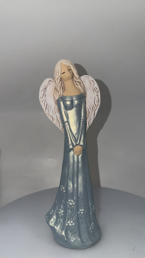 Dekoračný sádrový anjel ANIELKA, tyrkysovo-modrý, 37x13 cm