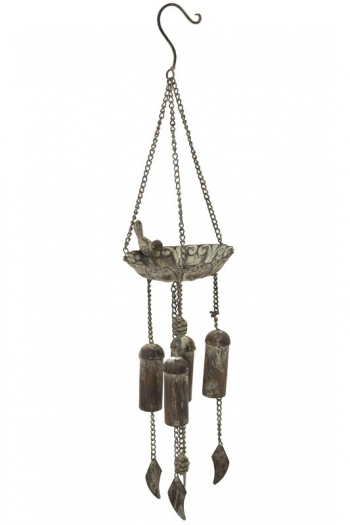 Dekoračný kovový veterný zvon, vtáčik, tmavosivý, 69x16x16 cm