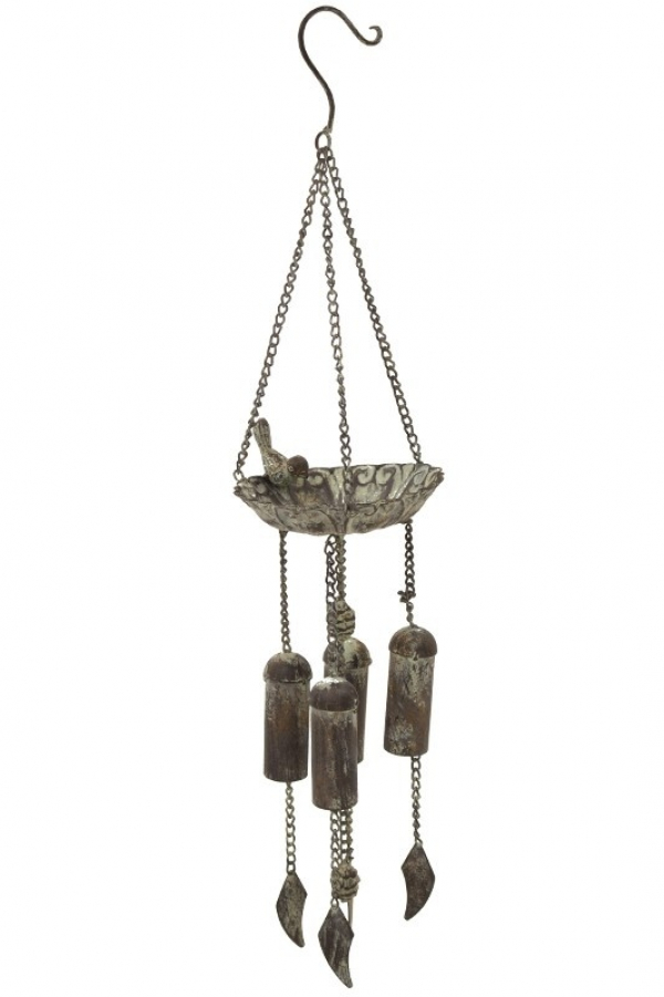 Dekoračný kovový veterný zvon, vtáčik, tmavosivý, 69x16x16 cm