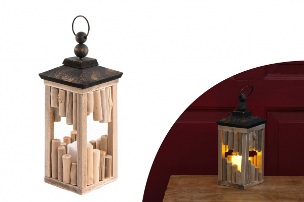 Dekoračný drevený LED lampáš, svetlohnedý, 35 cm