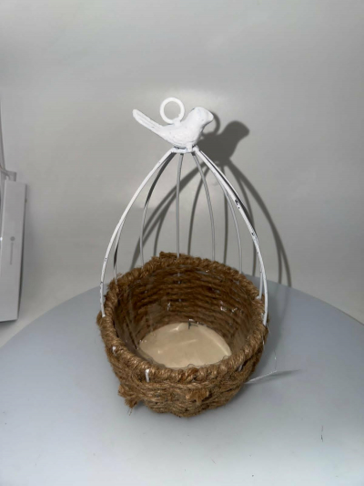 Dekoračná klietka, kovová s vtáčikom, biela, 30 cm