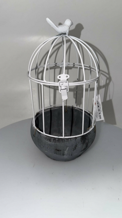Dekoračná klietka, kovová s vtáčikom, biela, 33 cm