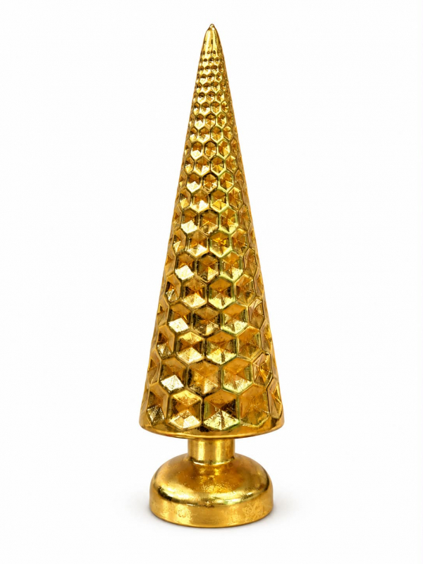 Sklenený dekoračný vianočný stromček, zlatý, LED, 10x31cm