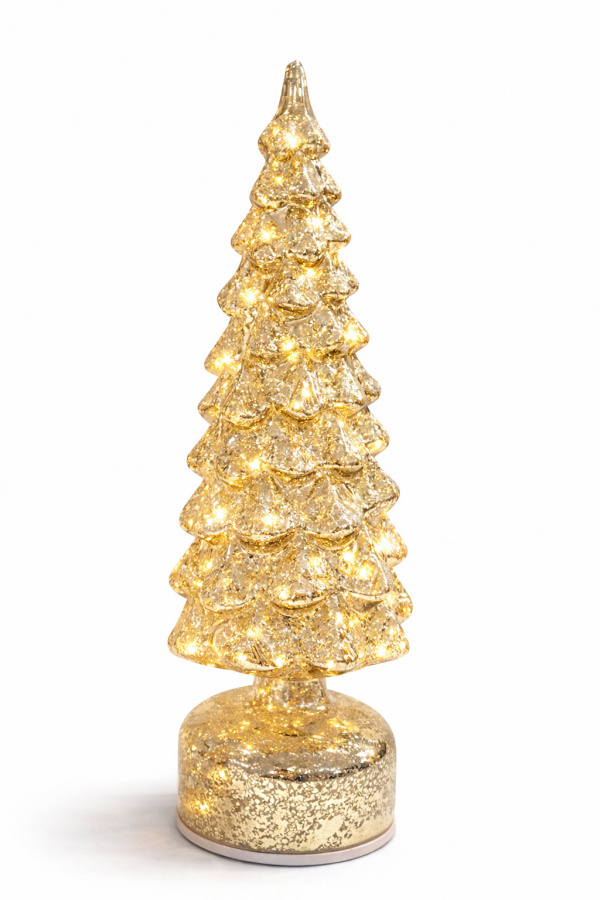 Sklenený dekoračný vianočný stromček, zlatý, LED, 9x9x36 cm