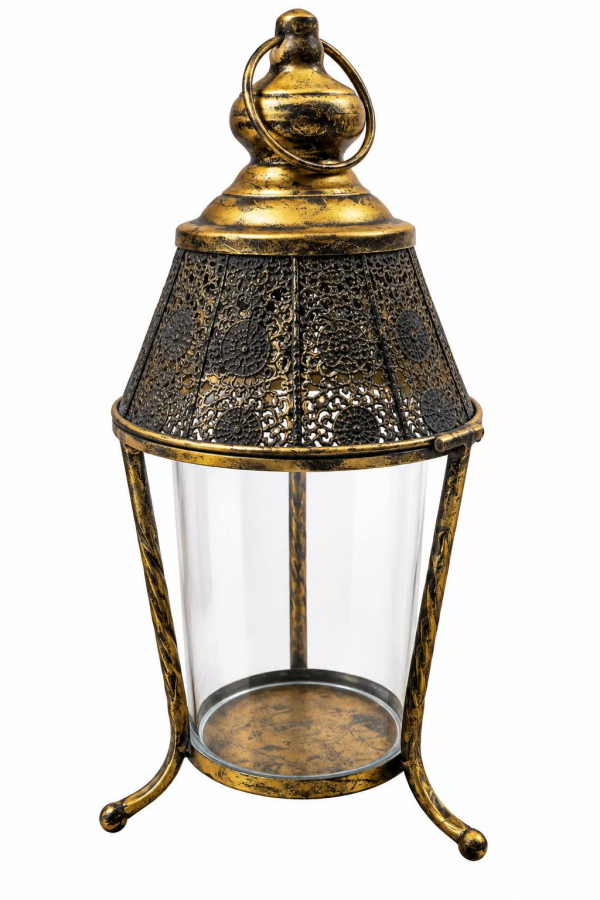 Kovový lampáš, zlatý, 26x26x60 cm