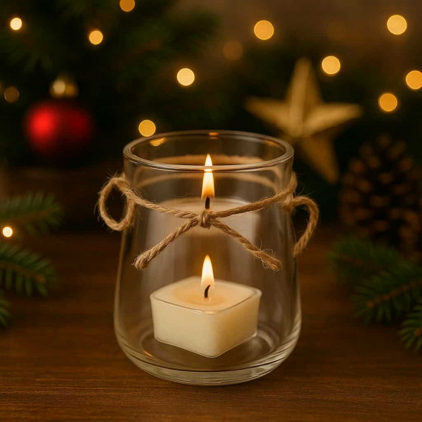 Sklenený svietnik s povrazom, 7x7 cm