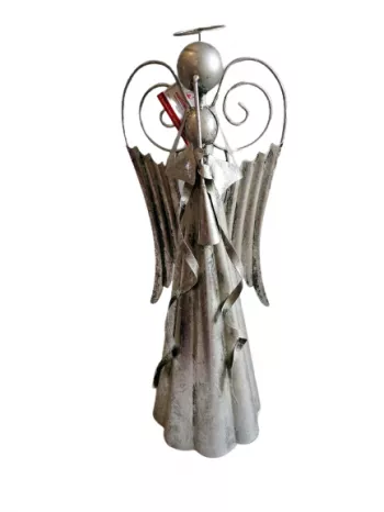 Dekoračný anjel, plechový, sivý lesklý, 51x17x19 cm