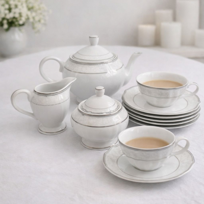 Porcelánová kávová súprava, bielo-strieborná
