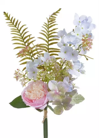 Kytica kvetov s hortenzií a pivoniek, biela - ružová, 47 cm