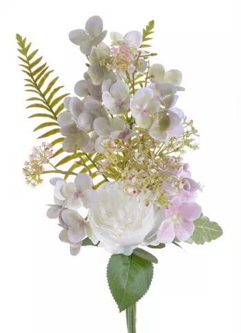 Kytica kvetov s hortenzií a pivoniek, biela - ružová - zelená, 47 cm