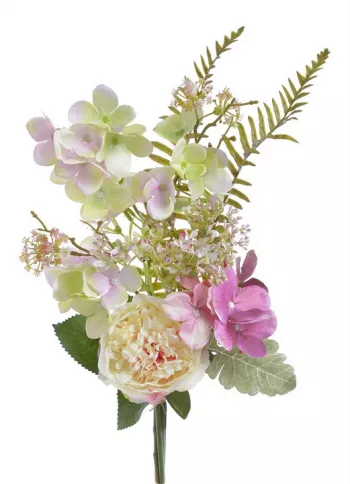 Kytica kvetov s hortenzií a pivoniek, ružová - zelená - broskyňová, 47 cm 