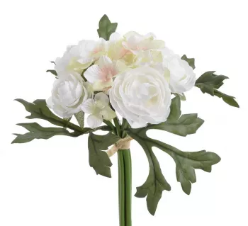 Umelá kytica hortenzií, biela, 7 kvetov, 19 cm